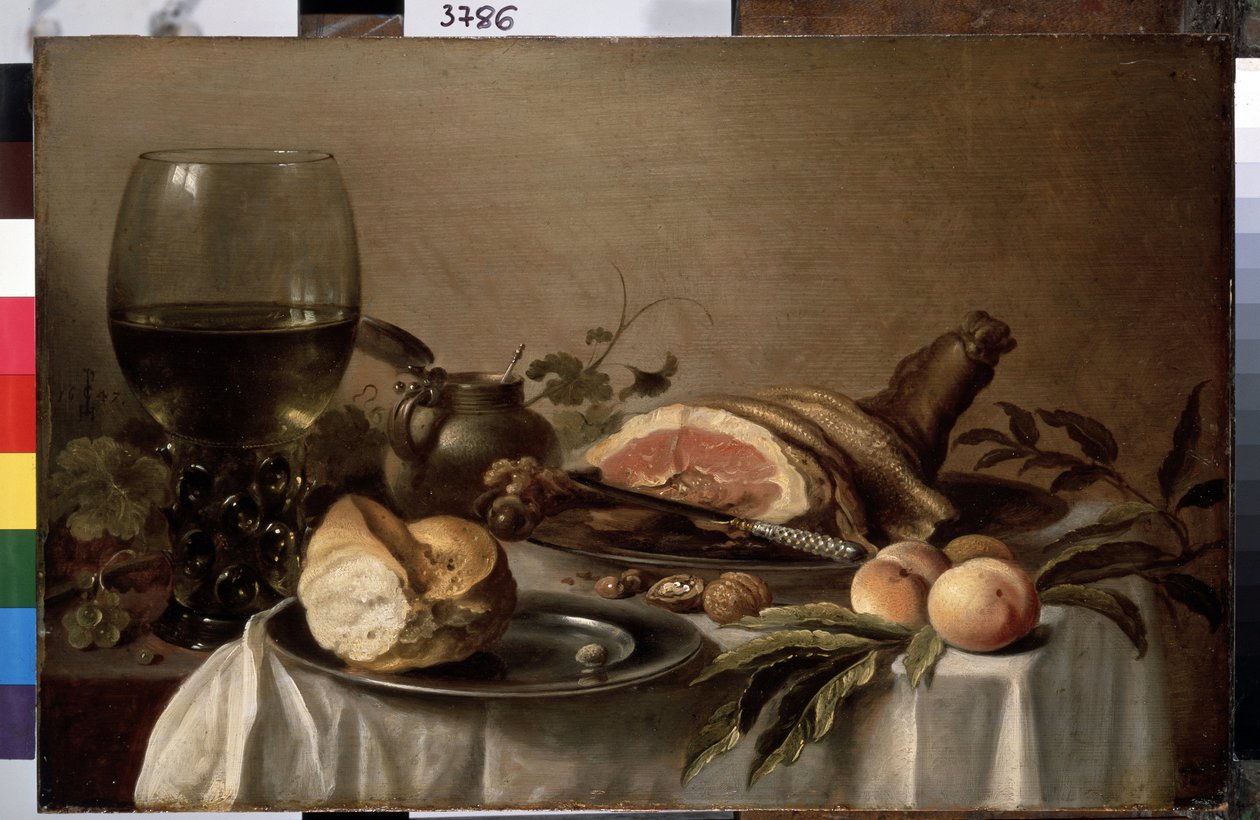 ""Zátiší snídaně se šunkou, chlebem, broskvemi a ořechy"" (Snídaně se šunkou) Obraz Pietera Claesze (cca 1597-1660) 1647 Rozměr. 40x61 cm Petrohrad, poustevnické muzeum od Pieter Claesz