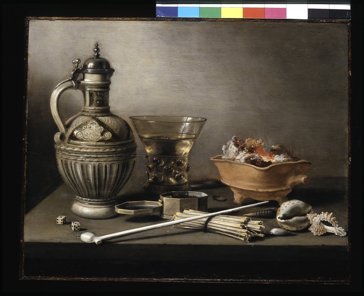 Zátiší s kameninovým džbánem, Berkemeyerem a kuřáckými potřebami (olej na dřevě) od Pieter Claesz