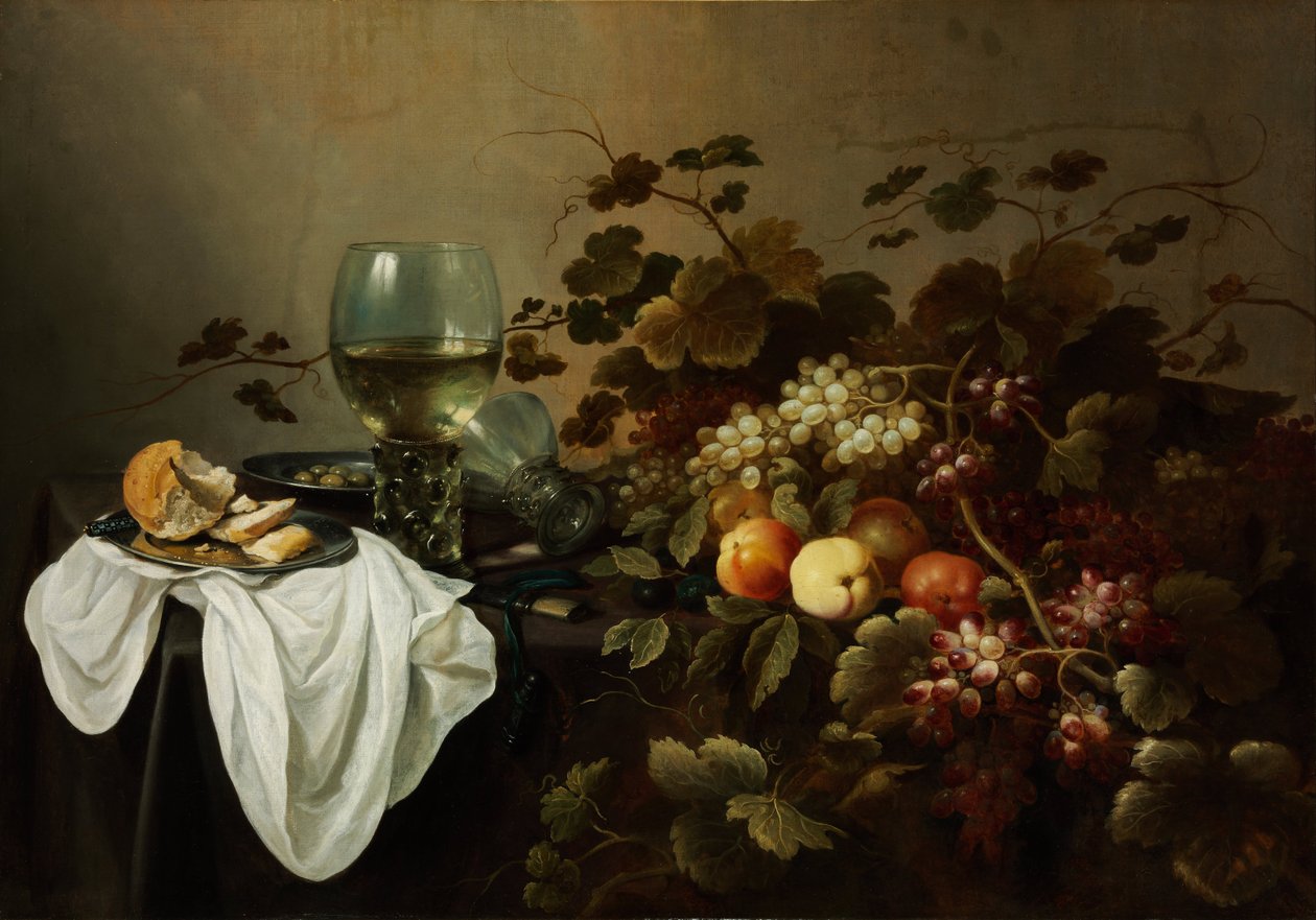 Zátiší s ovocem a Roemerem - Peinture de Pieter Claesz (asi 1597-1660) - 1644 - Olej na plátně - 104,5x146 - Muzeum Szepmuveszeti, Budapešť od Pieter Claesz