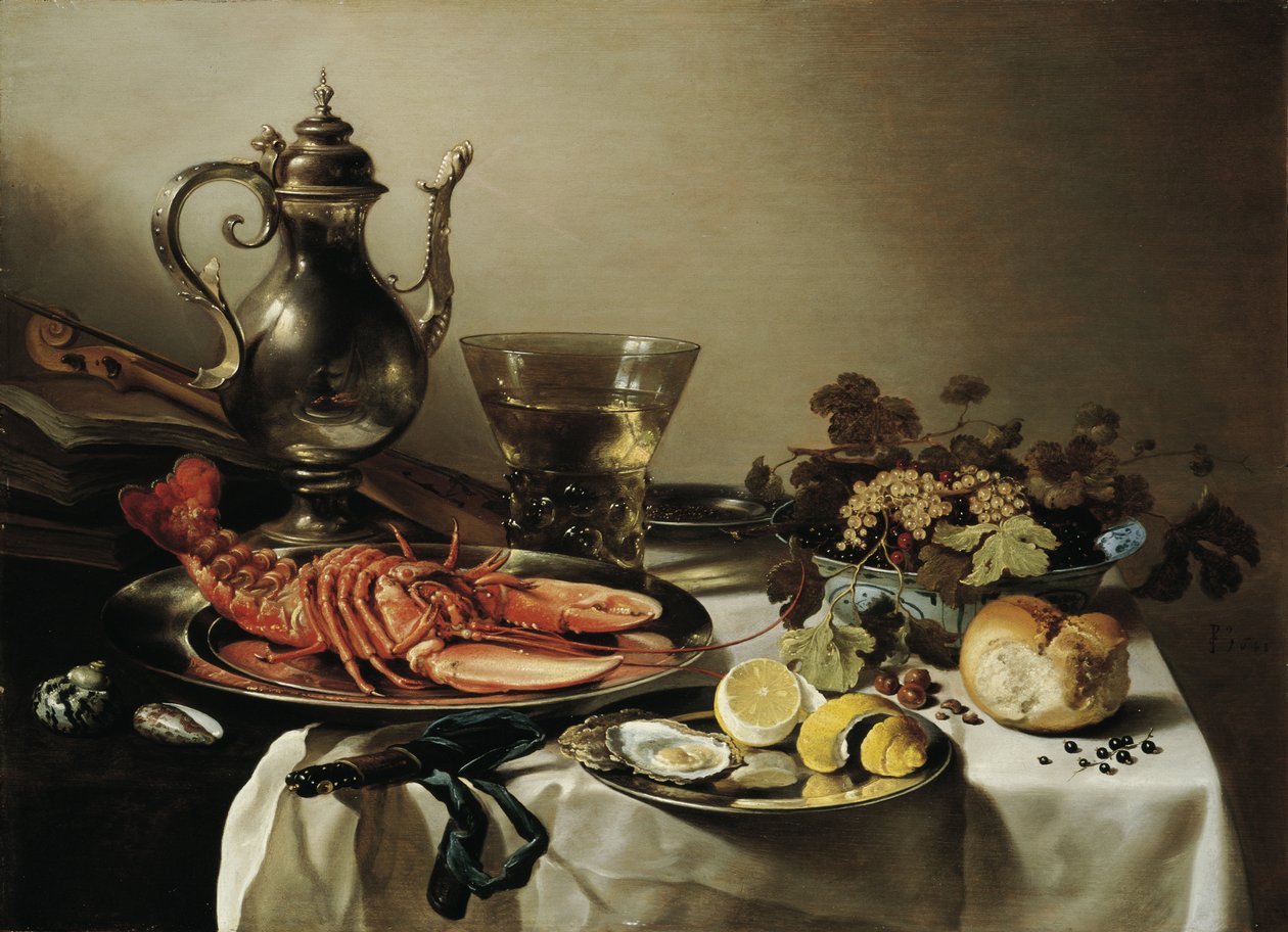 Stůl s humrem, stříbrný džbán, velký Berkemeyer, mísa na ovoce, housle a knihy, 1641 od Pieter Claesz