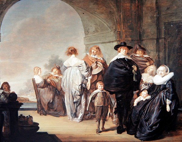 Elegantní společnost na terase (olej na panelu) od Pieter Codde
