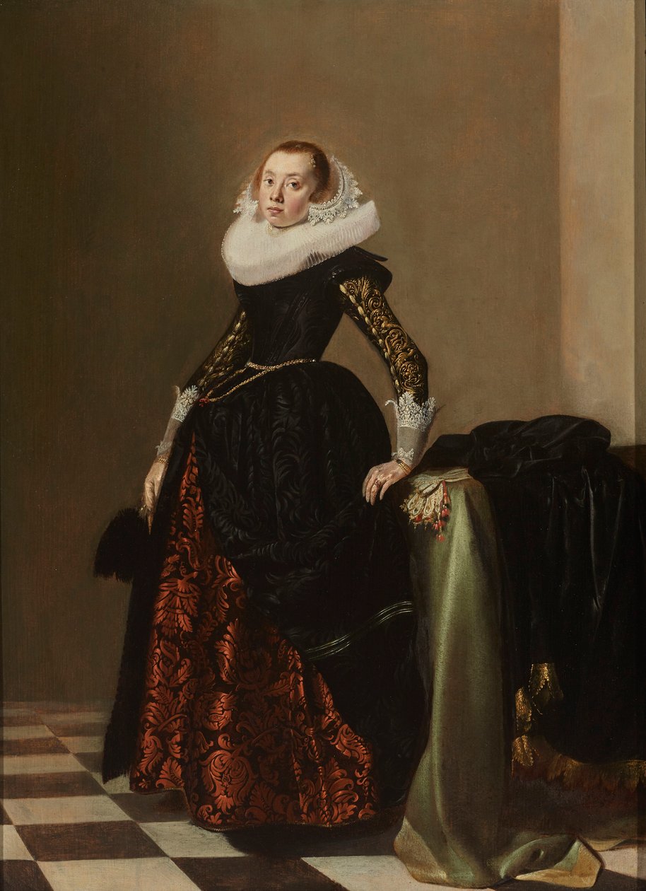 Portrét bohatě oblečené mladé ženy, kolem roku 1630 (olej na panelu) od Pieter Codde