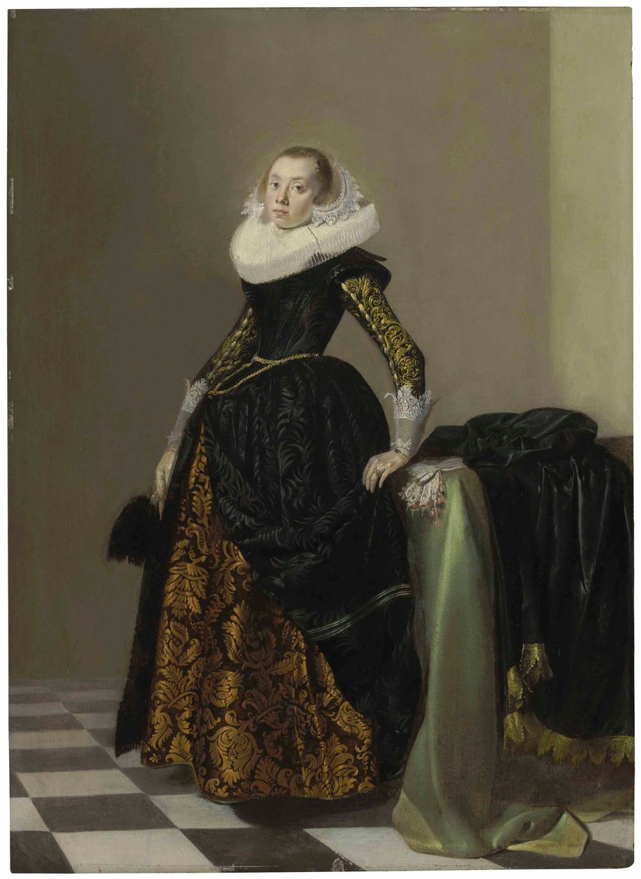 Portrét bohatě oděné mladé dámy v plné velikosti před prostřeným stolem od Pieter Codde