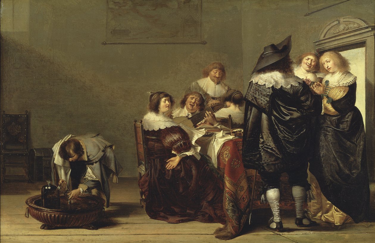 Une fete musicale - Hudební večírek, Codde, Pieter (1599-1678). Olej na dřevě. Rozměr: 35,5 x 52,5 cm. Národní muzeum Stockholm od Pieter Codde
