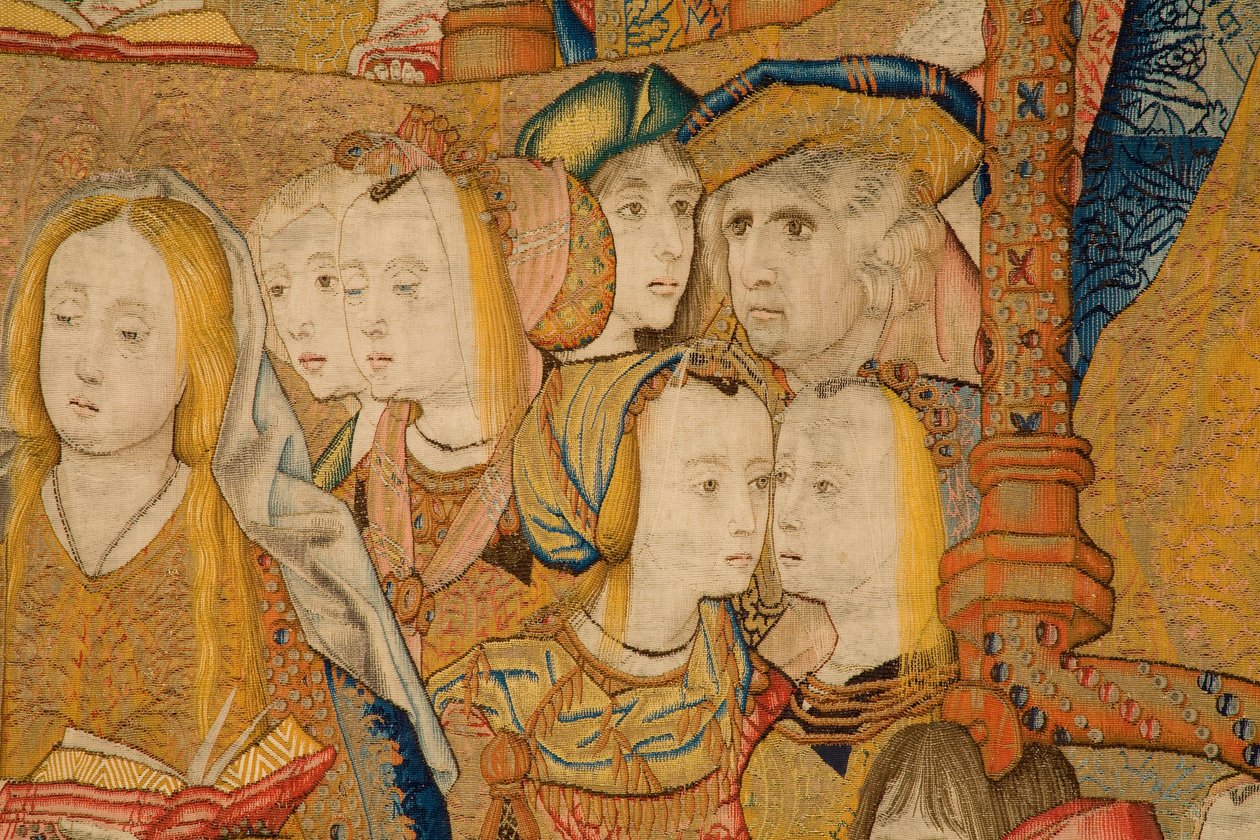 Vlámský gobelín. Zvěstování. Detail, cca 1502-04 (zlato, stříbro, hedvábí a vlna) od Pieter Coecke van Aelst