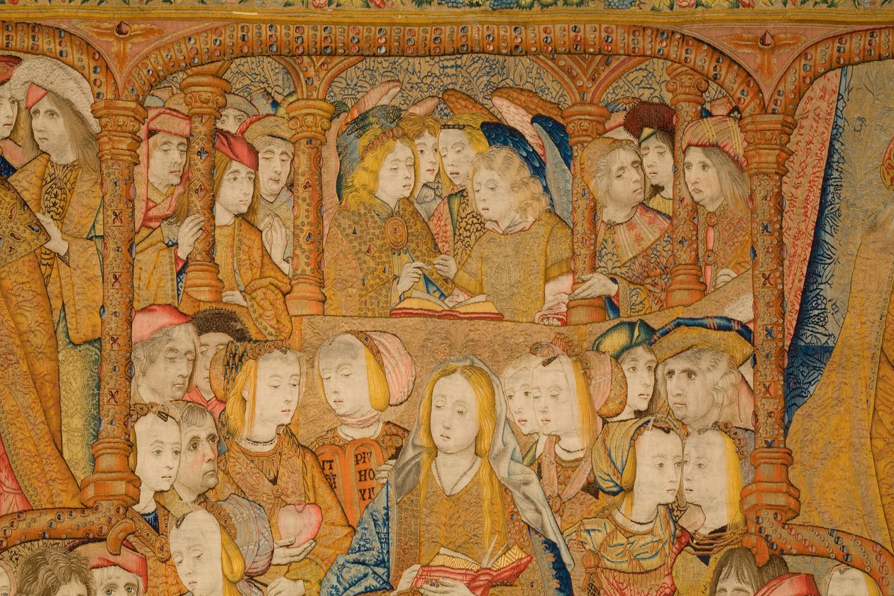 Vlámský gobelín. Zvěstování. Detail, cca 1502-04 (zlato, stříbro, hedvábí a vlna) od Pieter Coecke van Aelst