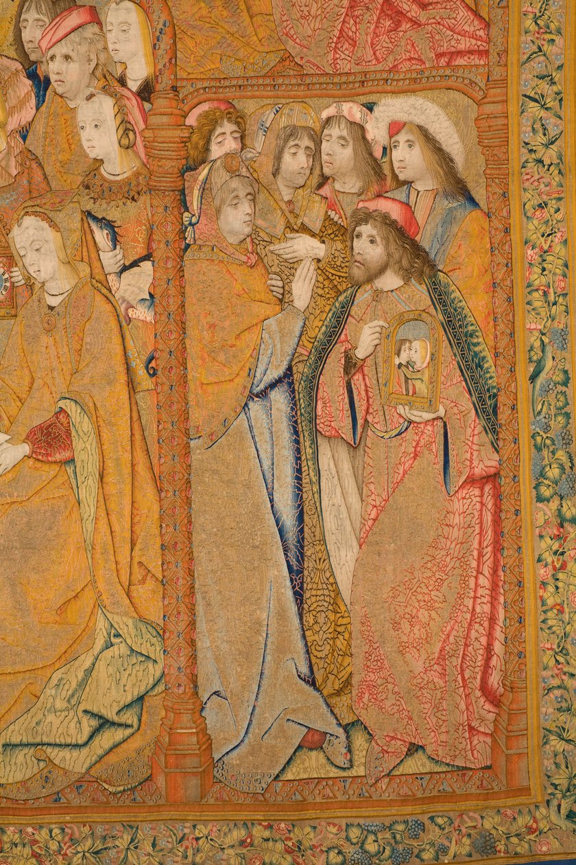 Vlámský gobelín. Zvěstování. Detail, cca 1502-04 (zlato, stříbro, hedvábí a vlna) od Pieter Coecke van Aelst