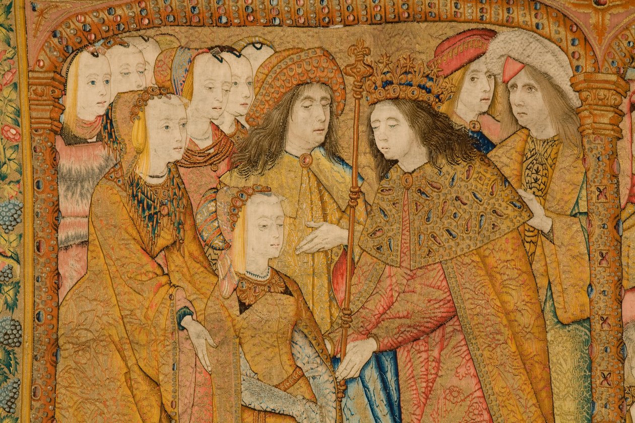 Vlámský gobelín. Zvěstování. Detail, cca 1502-04 (zlato, stříbro, hedvábí a vlna) od Pieter Coecke van Aelst
