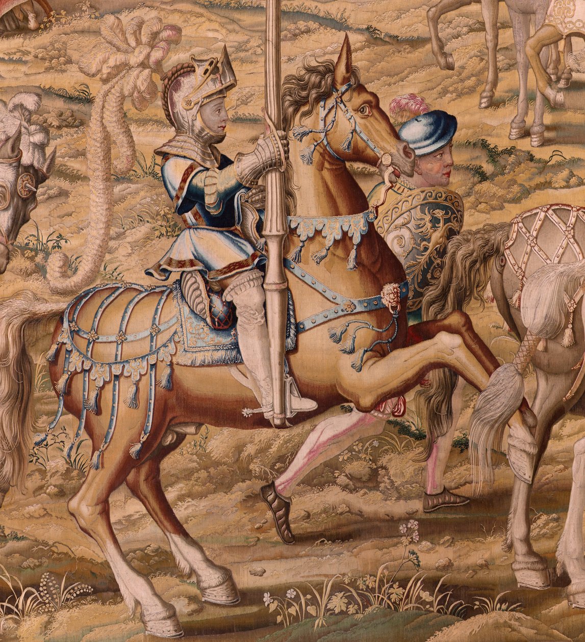 Vlámský gobelín. série Dobytí Tunisu; Recenze vojsk v Barceloně (La revista de las tropas en Barcelona). Druhá tapisérie v sérii. Model Jan Vermeyen a Pieter Coecke van Aelst. 1543-1548. Výroba Real Fábrica de Tapices de Sant od Pieter Coecke van Aelst
