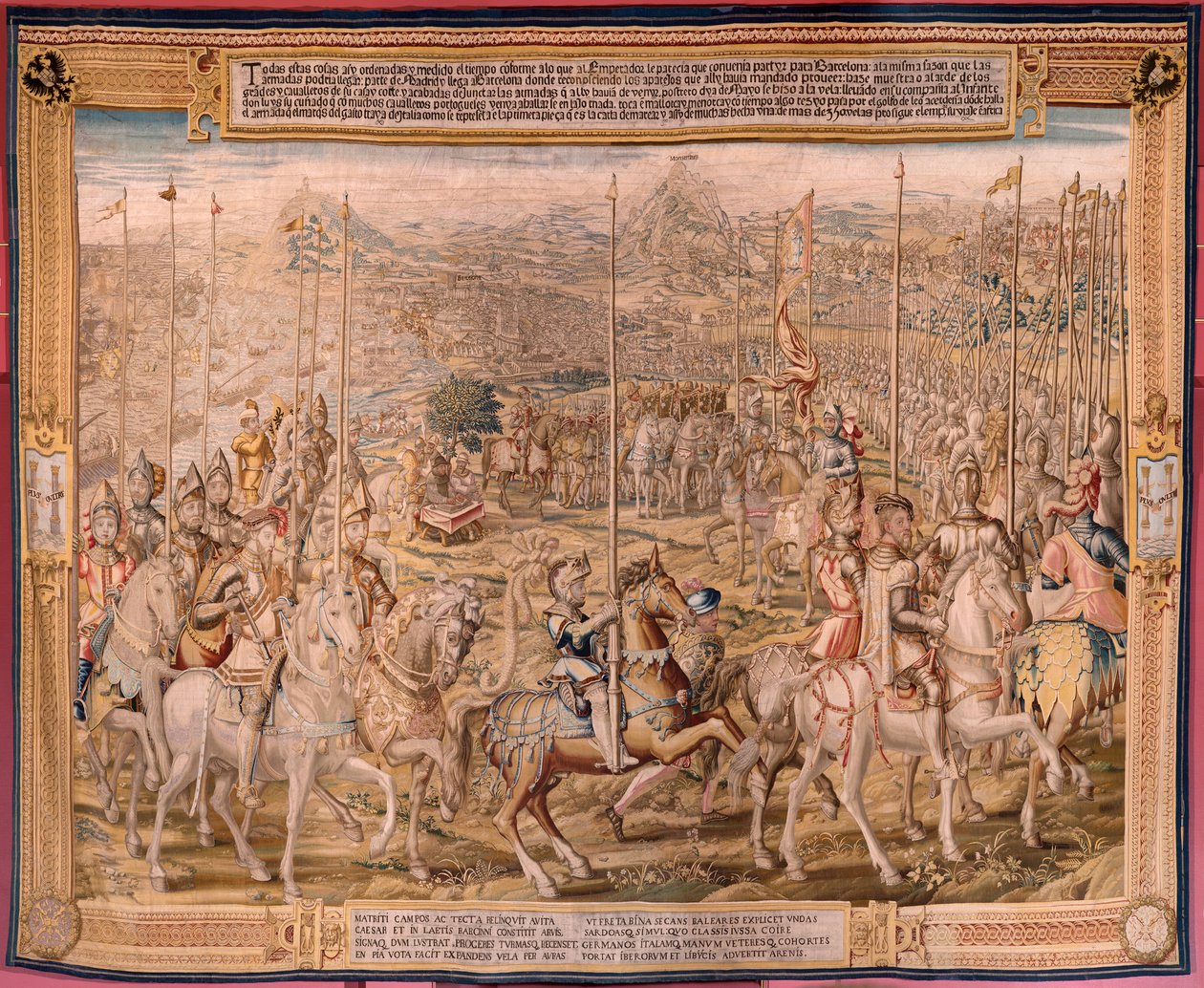 Vlámský gobelín. série Dobytí Tunisu; Recenze vojsk v Barceloně (La revista de las tropas en Barcelona). Druhá tapisérie v sérii. Model Jan Vermeyen a Pieter Coecke van Aelst. 1543-1548. Výroba Real Fábrica de Tapices de Sant od Pieter Coecke van Aelst