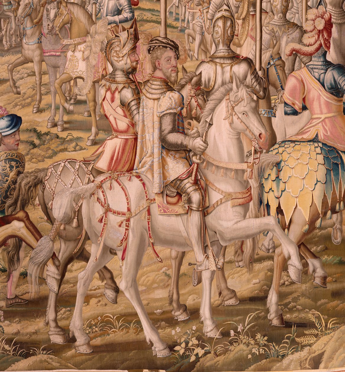 Vlámský gobelín. série Dobytí Tunisu; Recenze vojsk v Barceloně (La revista de las tropas en Barcelona). Druhá tapisérie v sérii. Model Jan Vermeyen a Pieter Coecke van Aelst. 1543-1548. Výroba Real Fábrica de Tapices de Sant od Pieter Coecke van Aelst