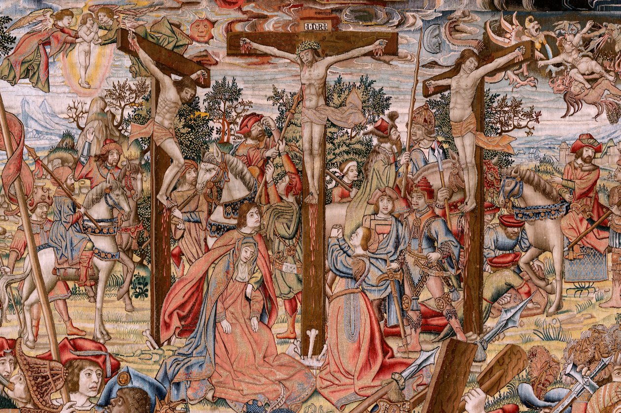 Vlámský gobelín. řada Umučení Krista; Cesta na Kalvárii a setkání s Veronikou (Camino del Calvario y encuentro con la Verónica). První tapisérie z těch, které jsou v národním dědictví. Modelové karikaturisty z okruhu Jana van Roome a Berna od Pieter Coecke van Aelst