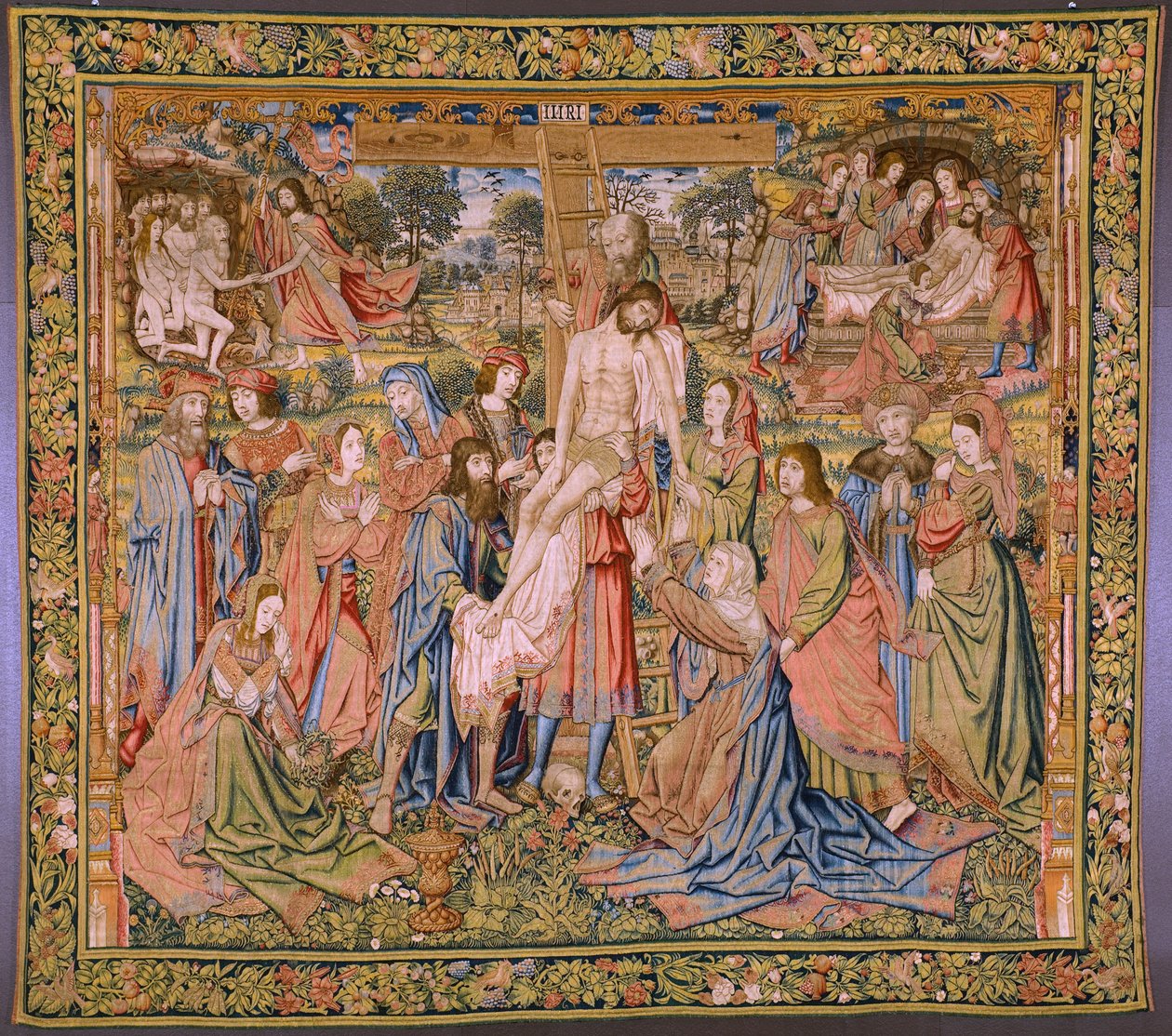 Vlámský gobelín. Řada Umučení Krista: Sestup z kříže (Kruisafneming, Descendimiento de la cruz). Výrobce Pieter van Aelst. Karikaturista Jan van Roome. Přibližně 1507-1520. od Pieter Coecke van Aelst