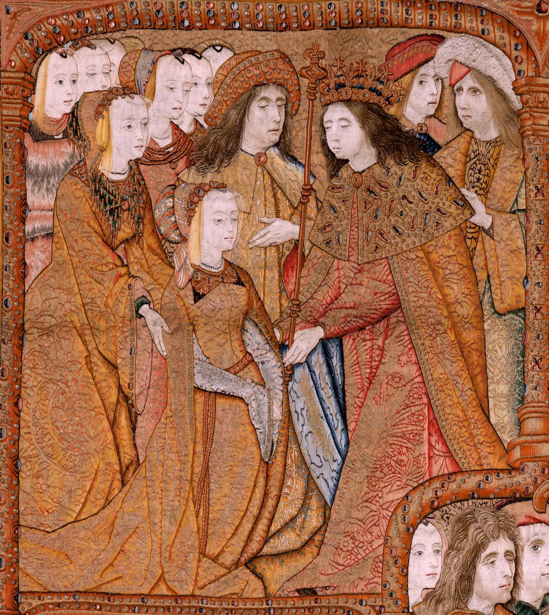 Vlámský gobelín. Série Triumphs of the Mother nebo Paños de Oro. Zvěstování (La Anunciación). Druhá tapisérie v sérii. Model Colin de Cooter (?). Výroba Pieter van Aelst (nebo van Edingen), Brusel. Cca 1500-1502. Tkanina Zlato, stříbro, hedvábí a vlna od Pieter Coecke van Aelst