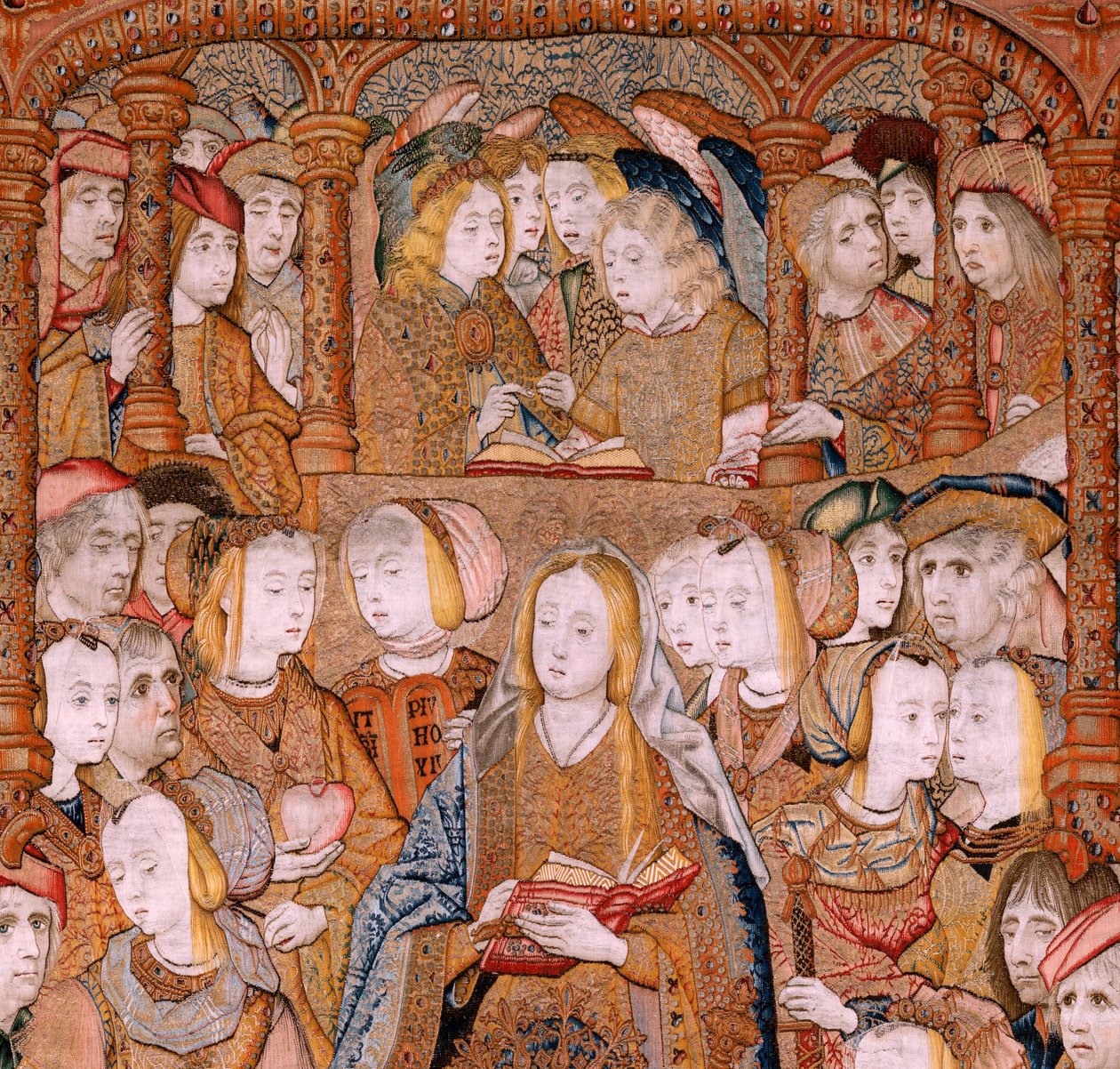 Vlámský gobelín. Série Triumphs of the Mother nebo Paños de Oro. Zvěstování (La Anunciación). Druhá tapisérie v sérii. Model Colin de Cooter (?). Výroba Pieter van Aelst (nebo van Edingen), Brusel. Cca 1500-1502. Tkanina Zlato, stříbro, hedvábí a vlna od Pieter Coecke van Aelst