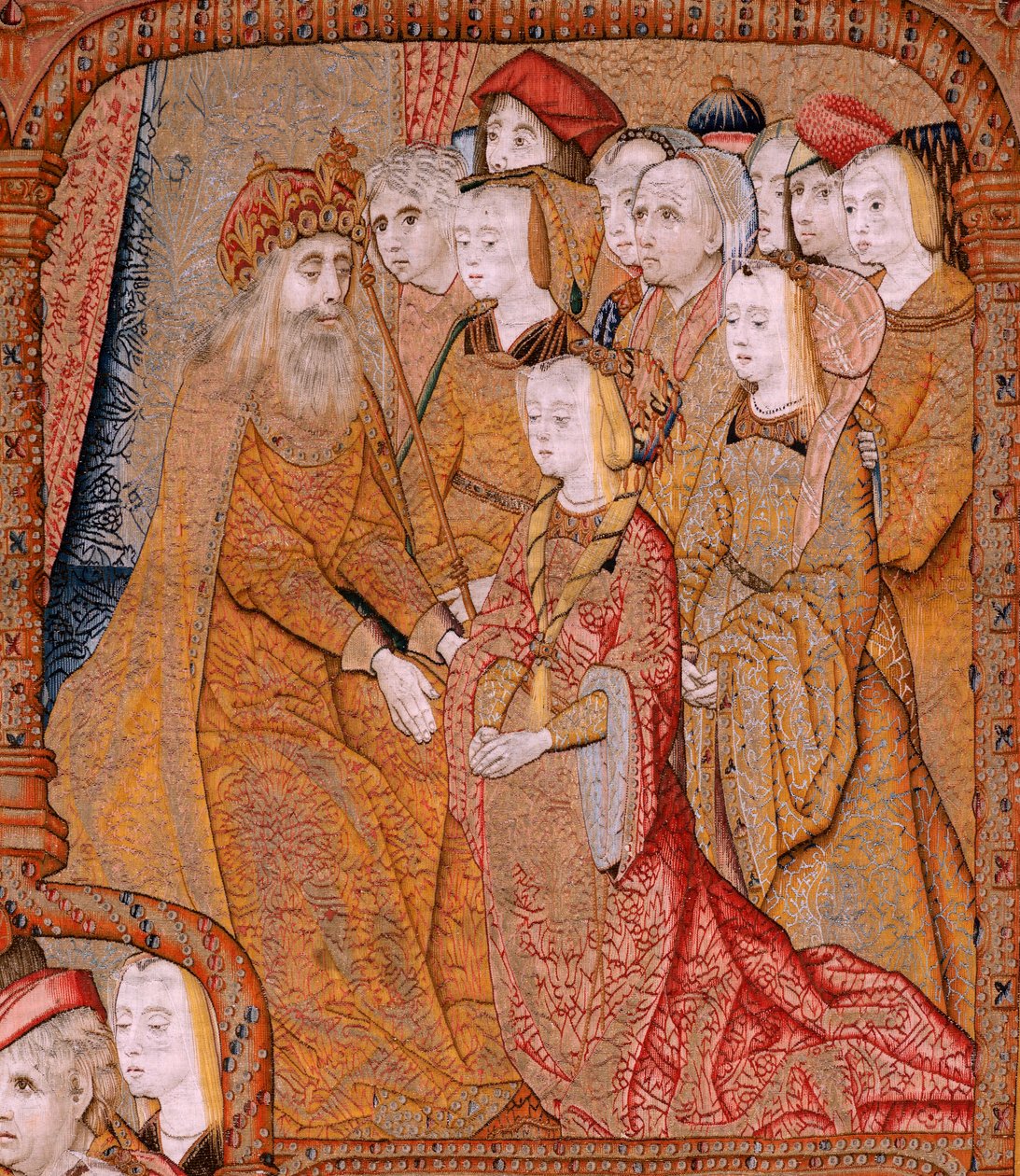 Vlámský gobelín. Série Triumphs of the Mother nebo Paños de Oro. Zvěstování (La Anunciación). Druhá tapisérie v sérii. Model Colin de Cooter (?). Výroba Pieter van Aelst (nebo van Edingen), Brusel. Cca 1500-1502. Tkanina Zlato, stříbro, hedvábí a vlna od Pieter Coecke van Aelst