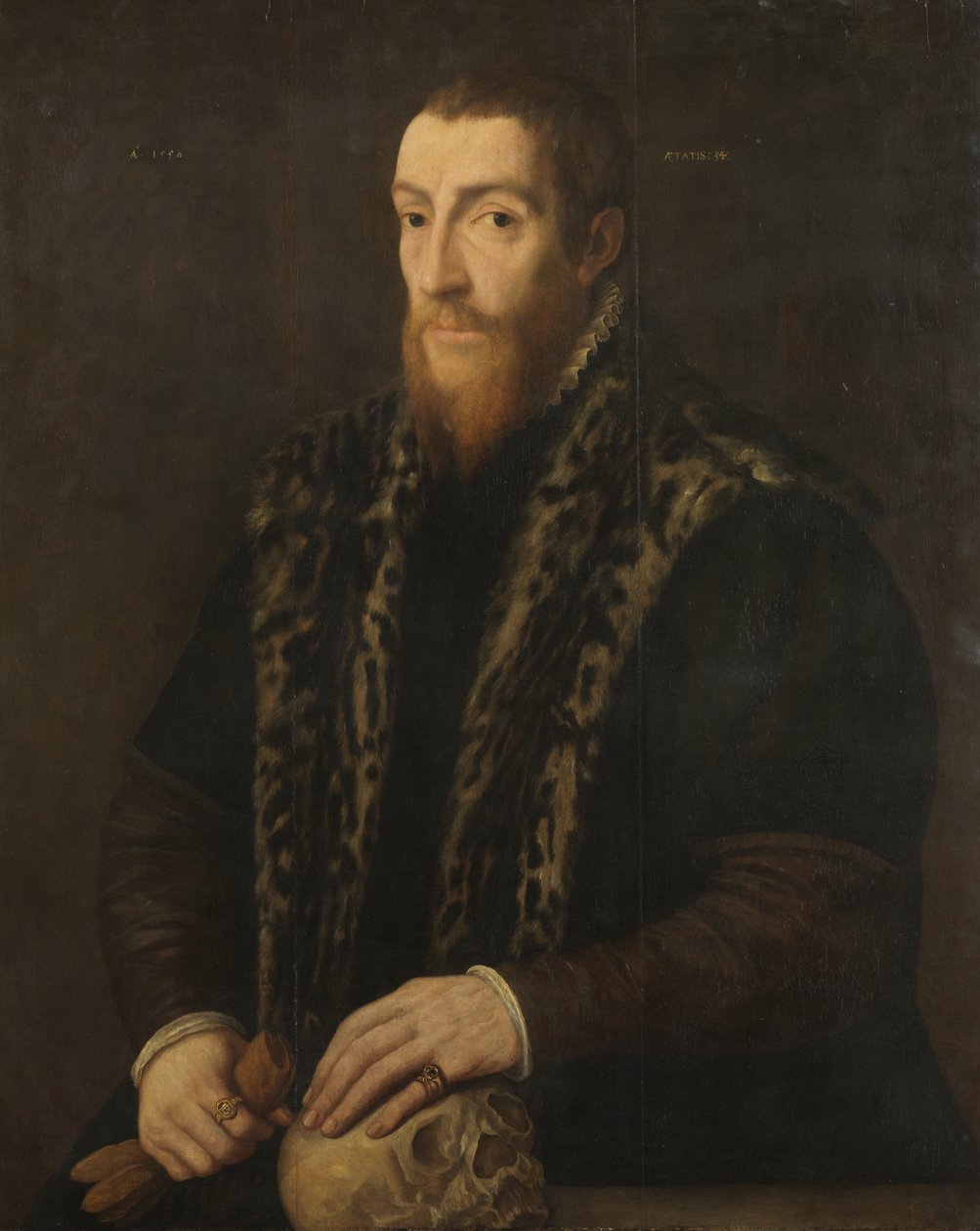Portrét muže s lebkou, 1550 od Pieter Coecke van Aelst