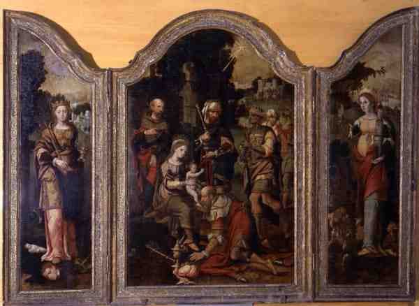 Triptych zobrazující Klanění tří králů a dva světce (olej na desce) od Pieter Coecke van Aelst