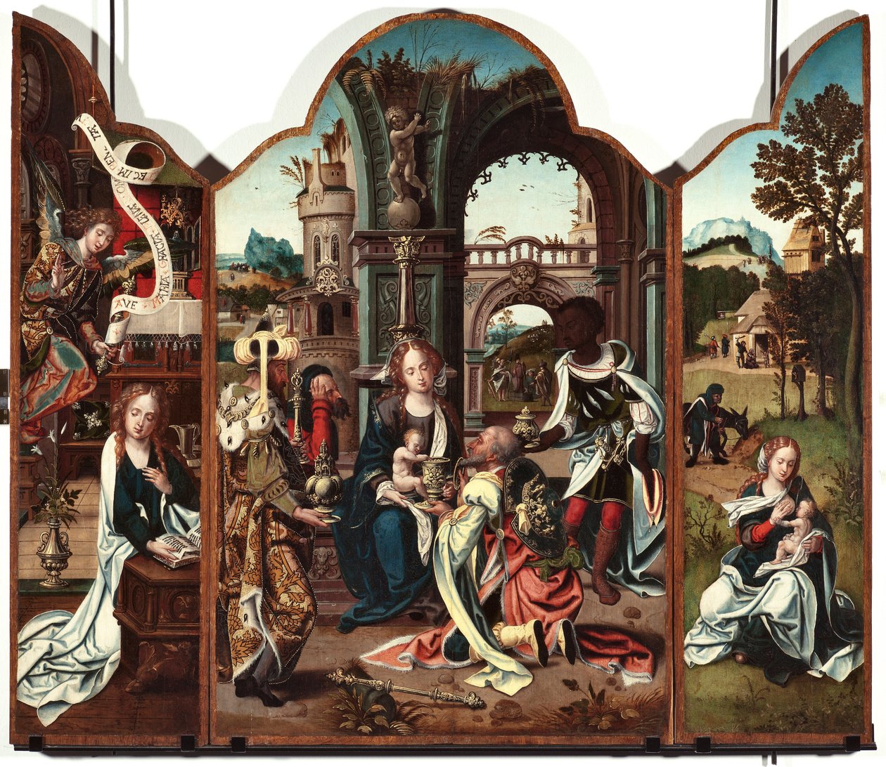 Triptych Klanění tří králů Levý panel: Zvěstování - Pravý panel: Zvěstování, vlevo a Útěk do Egypta vpravo Obraz Pietera Coecka van Aelsta (1502-1550) Genes Musei di Strada Nuova ze 16. století (ex Palazzo Bianco) inv n PB od Pieter Coecke van Aelst