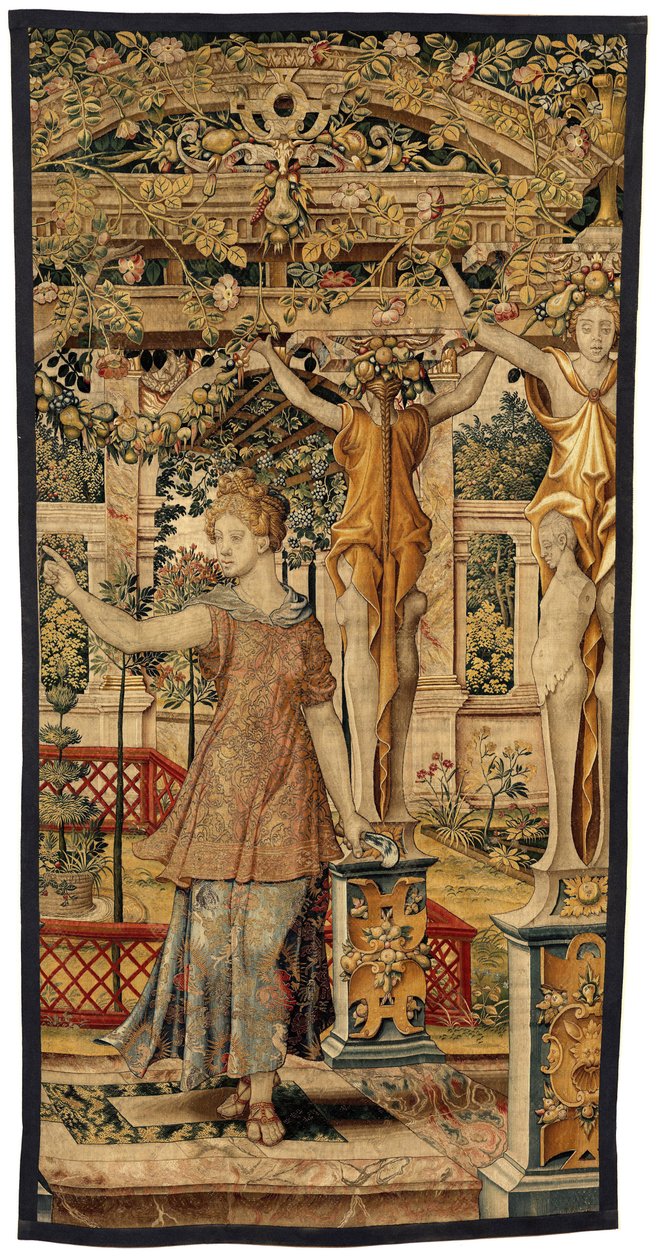 Vertumnus a Pomona: Vertumnus se proměnil v farmáře, kolem roku 1550 (zlato, vlna a hedvábí) od Pieter Coecke van Aelst