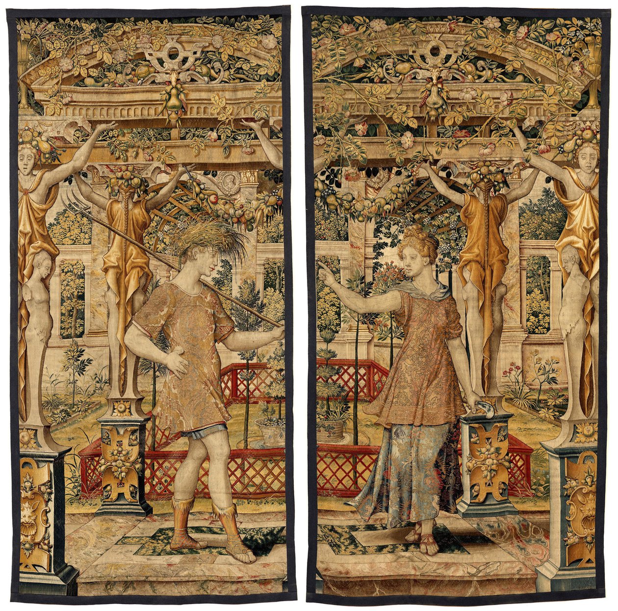 Vertumnus a Pomona: Vertumnus se proměnil v farmáře, kolem roku 1550 (zlato, vlna a hedvábí) od Pieter Coecke van Aelst
