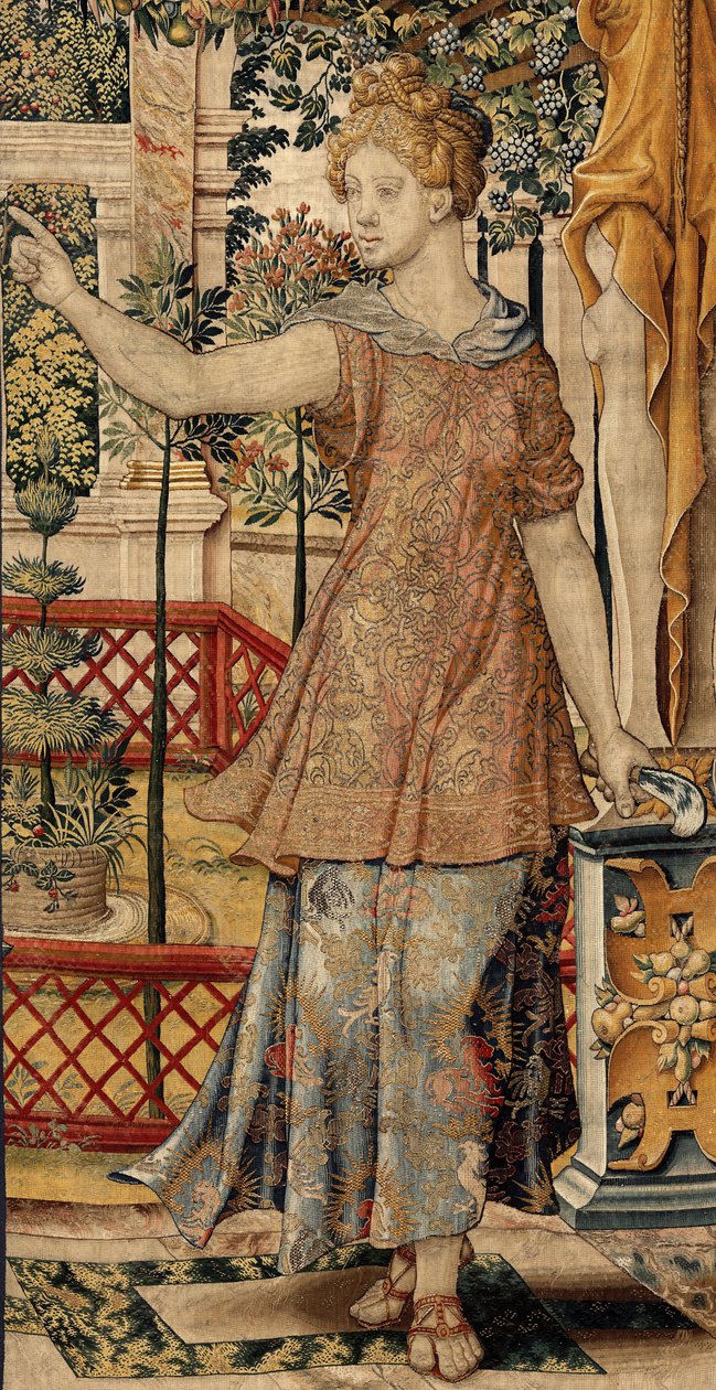 Vertumnus a Pomona: Vertumnus se proměnil v farmáře, kolem roku 1550 (zlato, vlna a hedvábí) od Pieter Coecke van Aelst