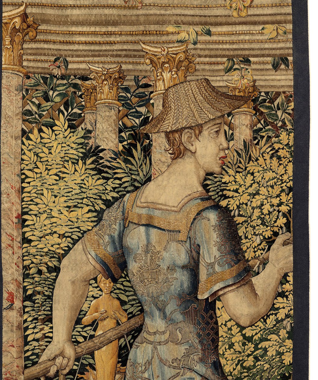 Vertumnus a Pomona: Vertumnus proměněný v rybáře, kolem roku 1550 (zlato, vlna a hedvábí) od Pieter Coecke van Aelst