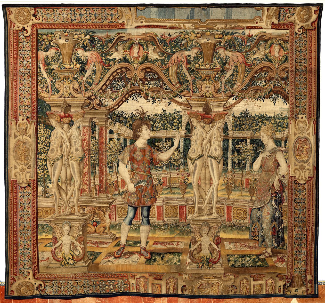 Vertumnus a Pomona: Vertumnus proměněný v nůžky na nůžky, cca 1550 (zlato, vlna a hedvábí) od Pieter Coecke van Aelst