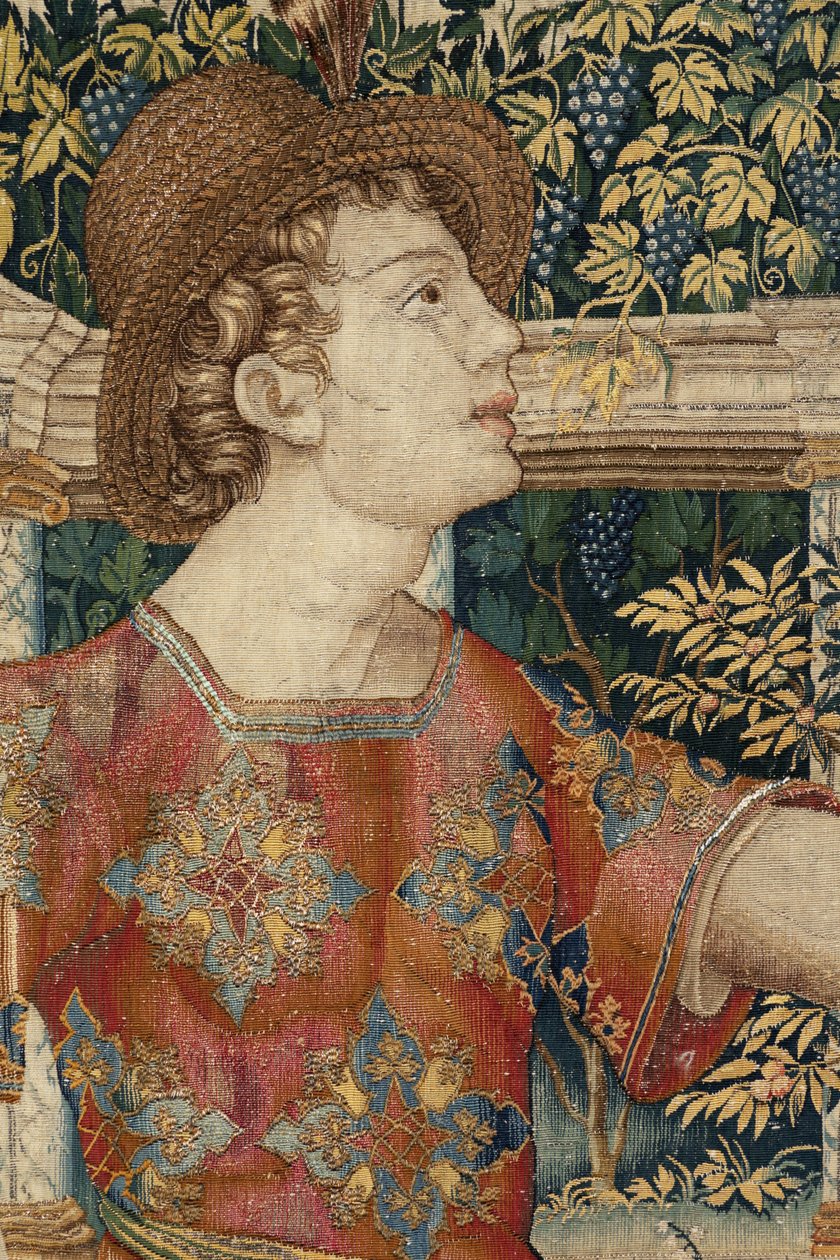 Vertumnus a Pomona: Vertumnus proměněný v nůžky na nůžky, cca 1550 (zlato, vlna a hedvábí) od Pieter Coecke van Aelst