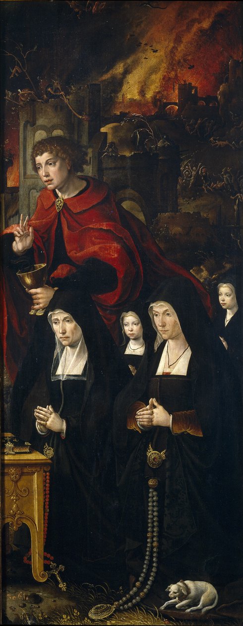 Svatý Jan Evangelista se dvěma ženami a dvěma modlícími se dívkami Pravý panel tri Poslední soud od Pieter Coecke van Aelst