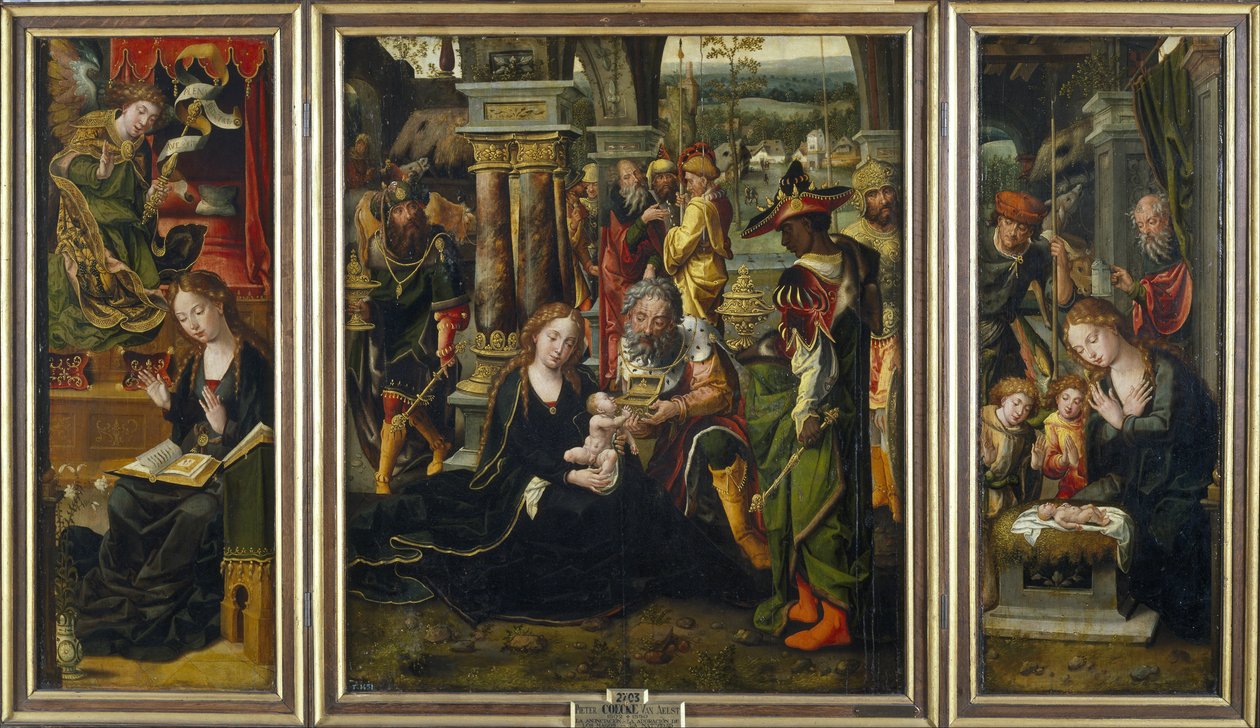 Zvěstování. Klanění tří králů. Klanění pastýřů, druhá čtvrtina 1 od Pieter Coecke van Aelst