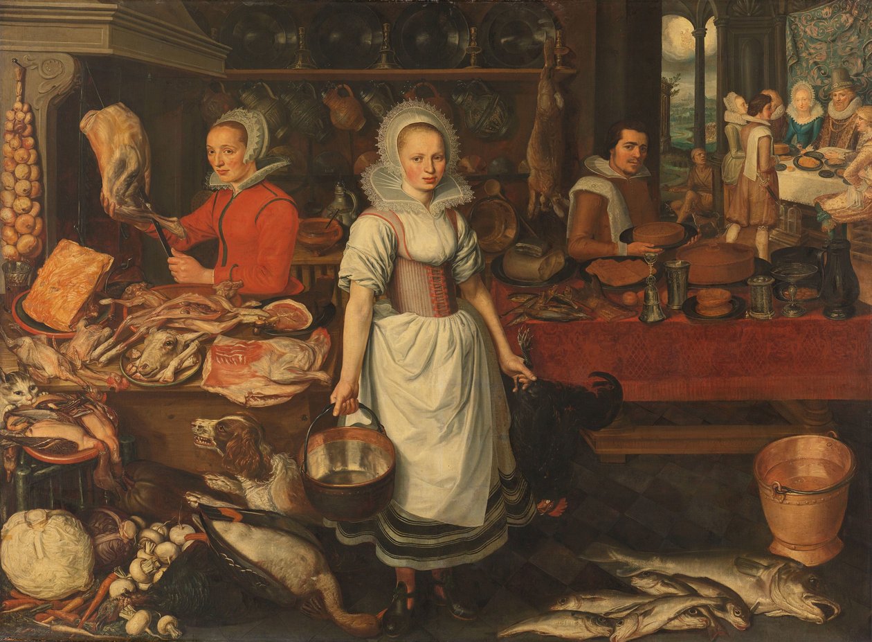 Kuchyňská scéna s podobenstvím o boháči a chudém Lazarovi od Pieter Cornelisz. van Rijck (attributed to)