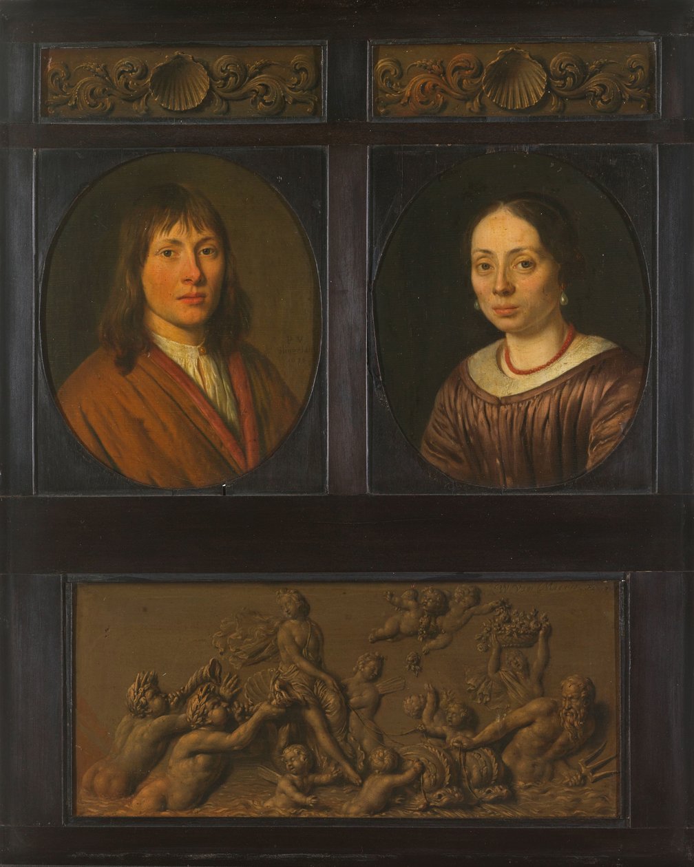 Portréty muže a ženy zarámované dvěma ornamentálními vlysovými miniaturami s motivem mušlí a Triumfem amfitritu od Pieter Cornelisz. van Slingelandt