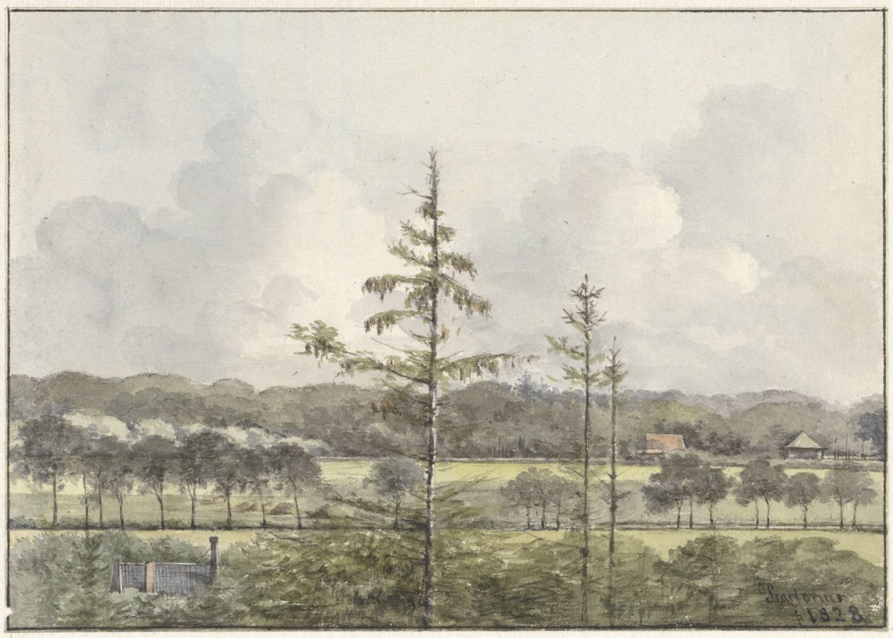 Pohled na louky s farmami od Pieter Ernst Hendrik Praetorius