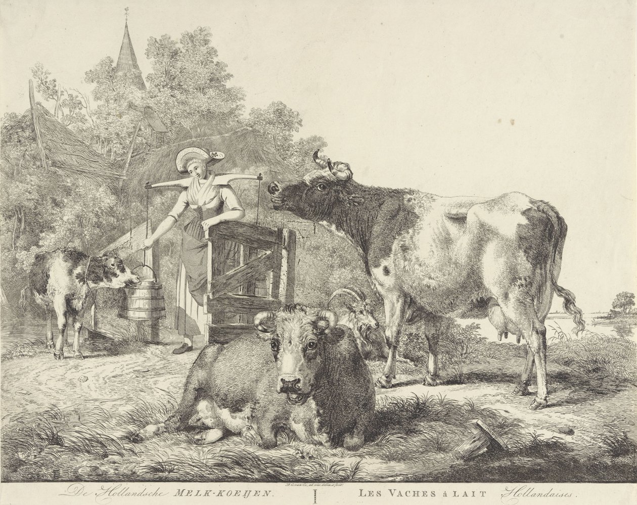 Krávy a dojička De Hollandsche Melk-koeijen/ Les vaches â lait hollandaises (název na objektu) od Pieter Gerardus van Os