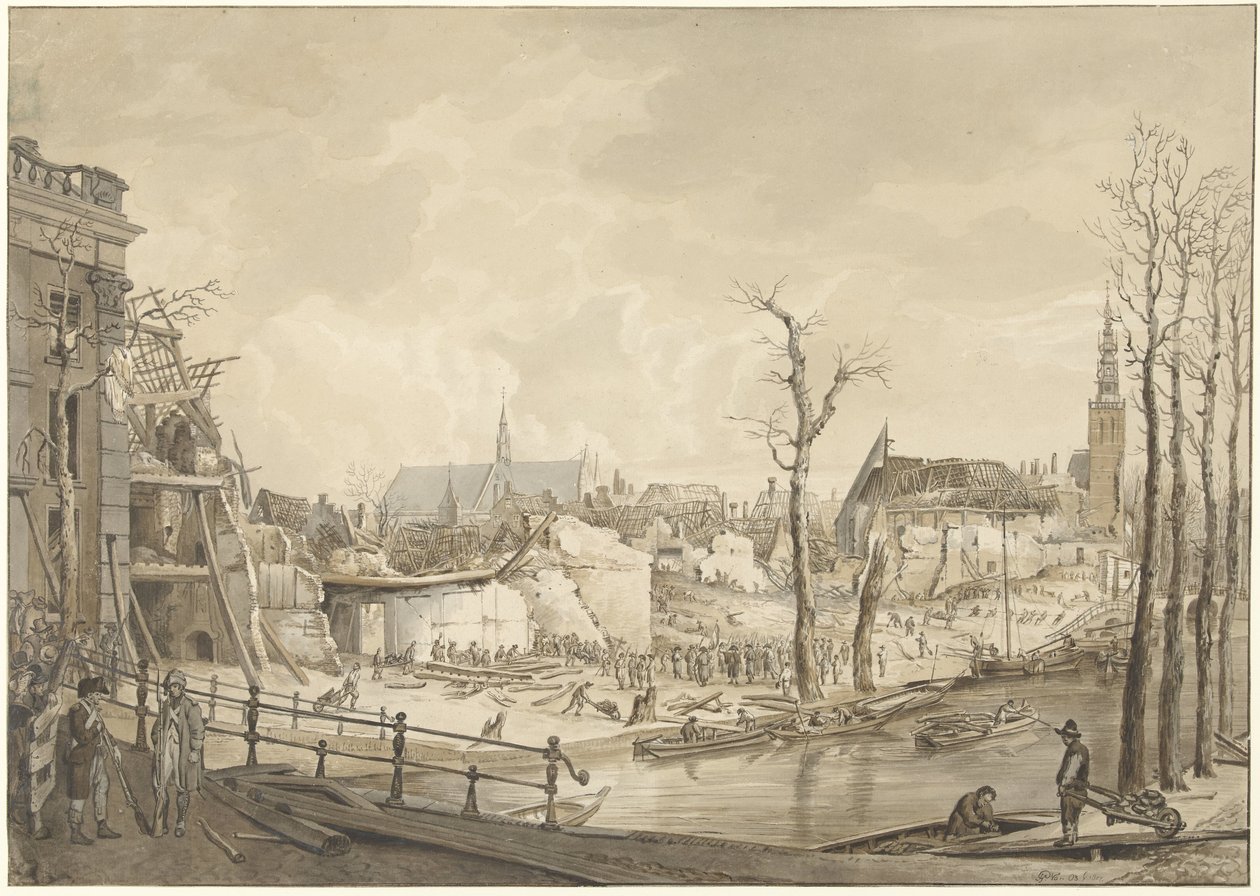 Ruiny na severní straně Steenschuur po katastrofě střelného prachu v Leidenu, 12. ledna 1807 od Pieter Gerardus van Os