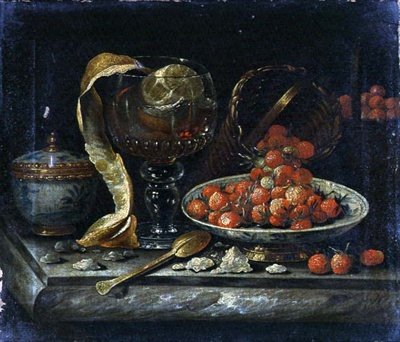Zátiší z čínské modrobílé misky a víka, skleněného Roemera, zlaté lžíce a ovoce (olej na plátně) od Pieter Gerritsz. van (manner of) Roestraten