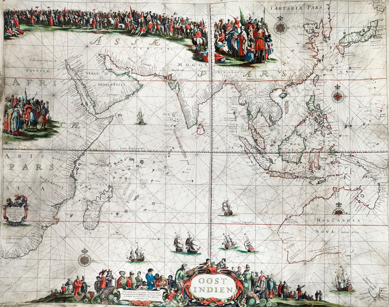 Mapa Východní Indie, asi 1666 (kolorovaná rytina) od Pieter Goos
