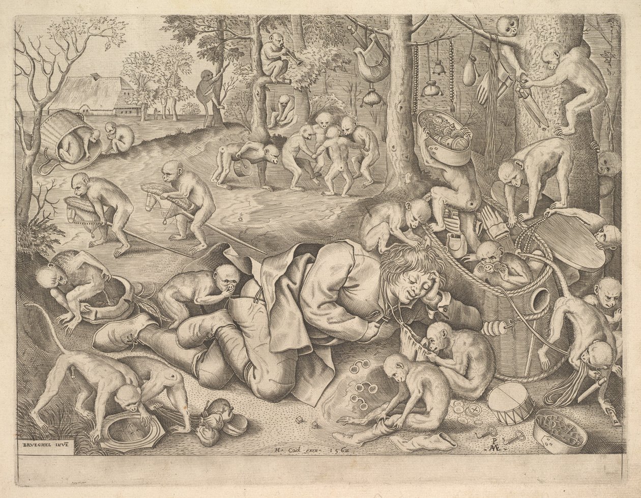 Kupec oloupený opicemi, 1562 od Pieter Heyden van der