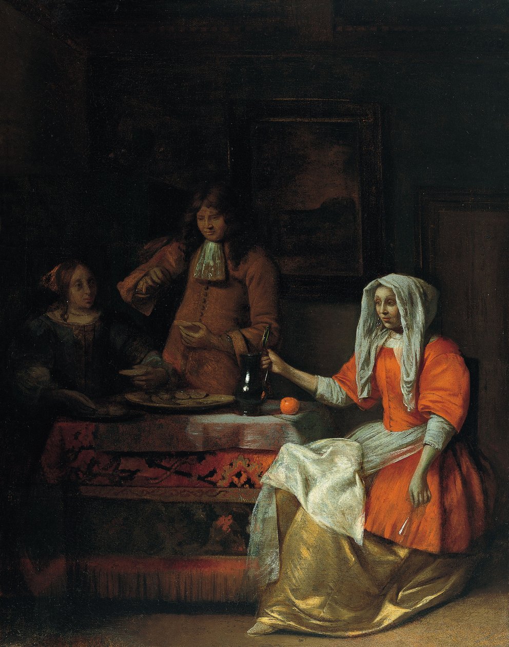 Interiér se dvěma ženami a mužem, kteří pijí a jedí ústřice od Pieter Hooch de