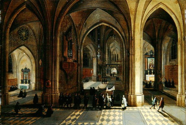 Interiér gotické katedrály s průvodem (olej na panelu) od Pieter II and Franken Frans II Neefs