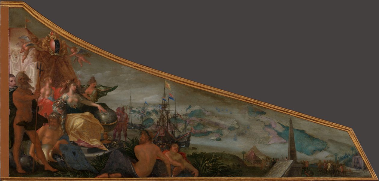 Amsterdam jako centrum světového obchodu Malba na víku cembala s alegorií Amsterdamu jako centra světového obchodu od Pieter Isaacsz.