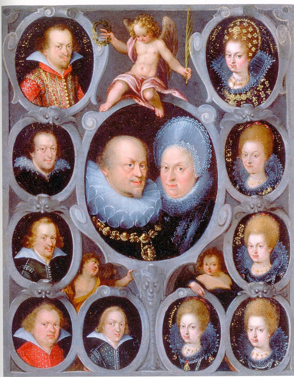 Vévoda Fridrich I. (1557-1608) (r. 1593-1608) a vévodkyně württemberská Sibylla s deseti dětmi od Pieter Isaacsz