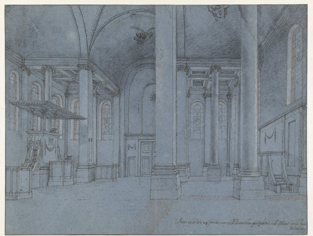 Pohled do interiéru Nieuwe Kerk, Haarlem, při pohledu z východního konce severní uličky při pohledu na západ od Pieter Jansz Saenredam