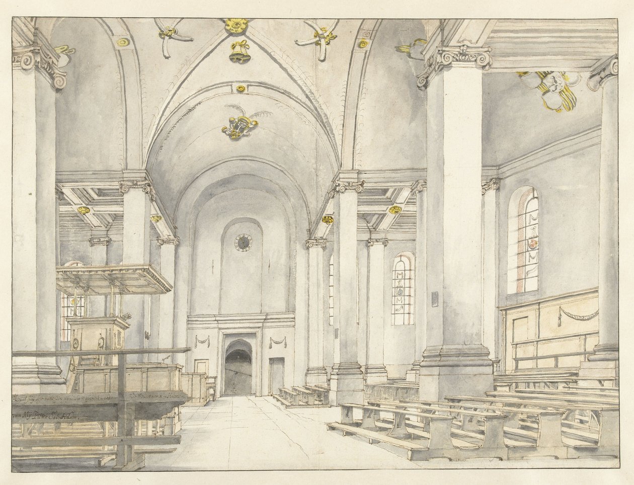 Pohled na hlavní loď Nieuwe Kerk, Haarlem, pohled na západ od Pieter Jansz Saenredam
