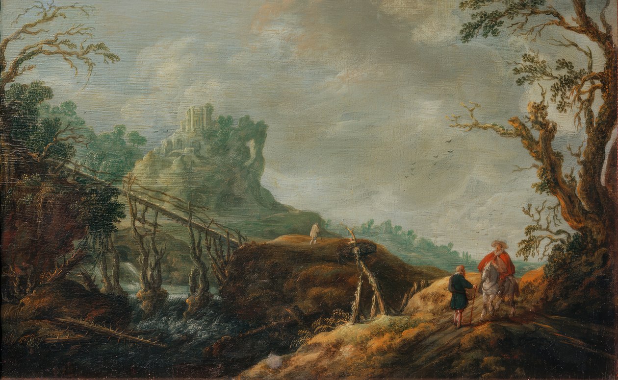 Říční krajina s dřevěným mostem a zříceninou od Pieter Jansz van Asch
