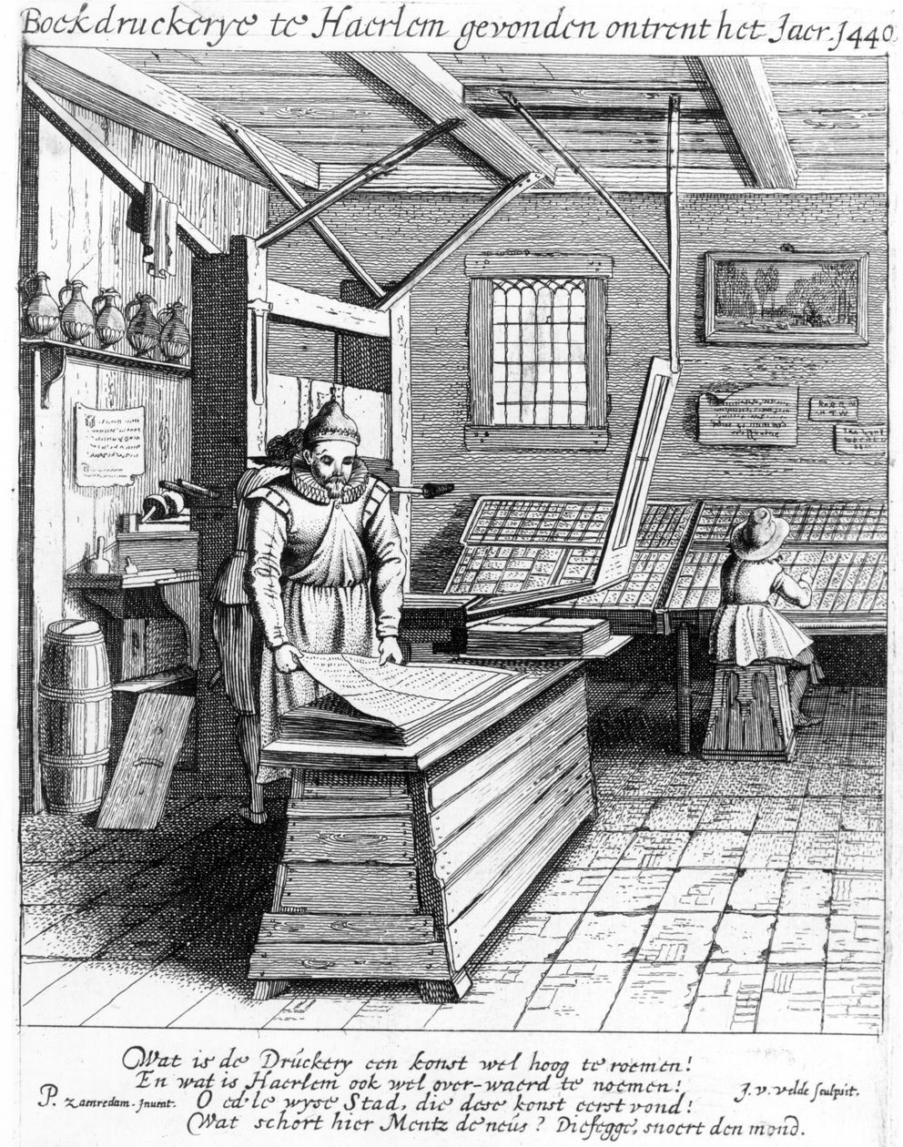 Kniha Bindery of Laurens Janszoon Koster, z „Descriptionh ende lof van Haerlem“, vydané v roce 1628 od Pieter Janszoon Saenredam