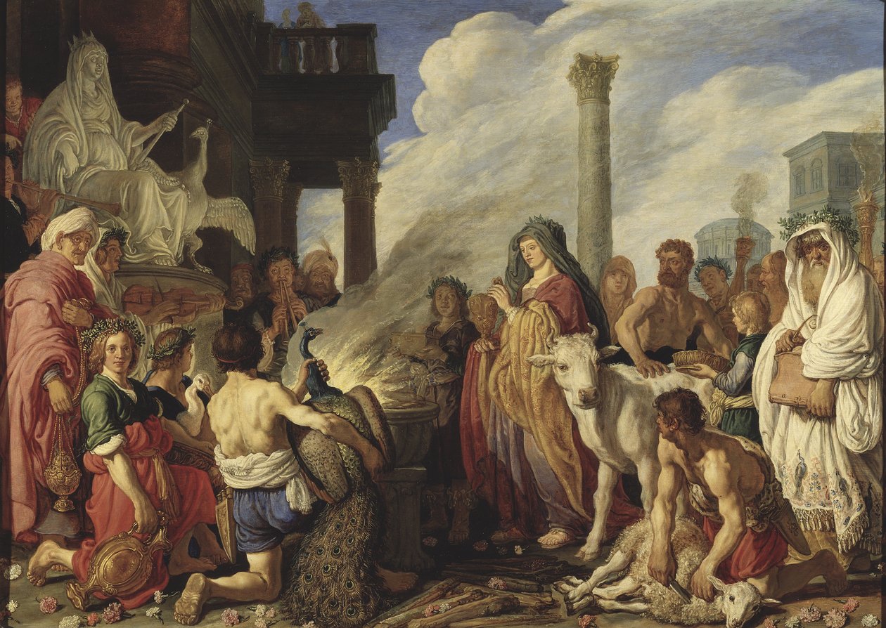 Didon (Elyssa, Elissa, Elisha, Elysha ou Helissa) fait un obětovat Junon - Dido oběť Juno, Lastman, Pieter Pietersz. (1583-1633). Olej na dřevě od Pieter Lastman