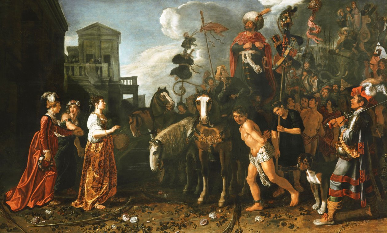 Jefta přivítal domů z bitevního pole svou dcerou, od Pieter Lastman