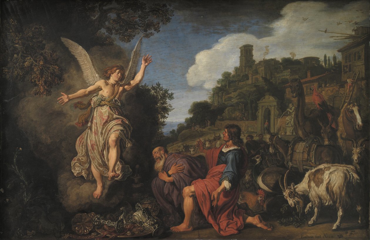 Anděl Raphael se rozchází se starým Tobitem a jeho synem Tobiášem od Pieter Lastman